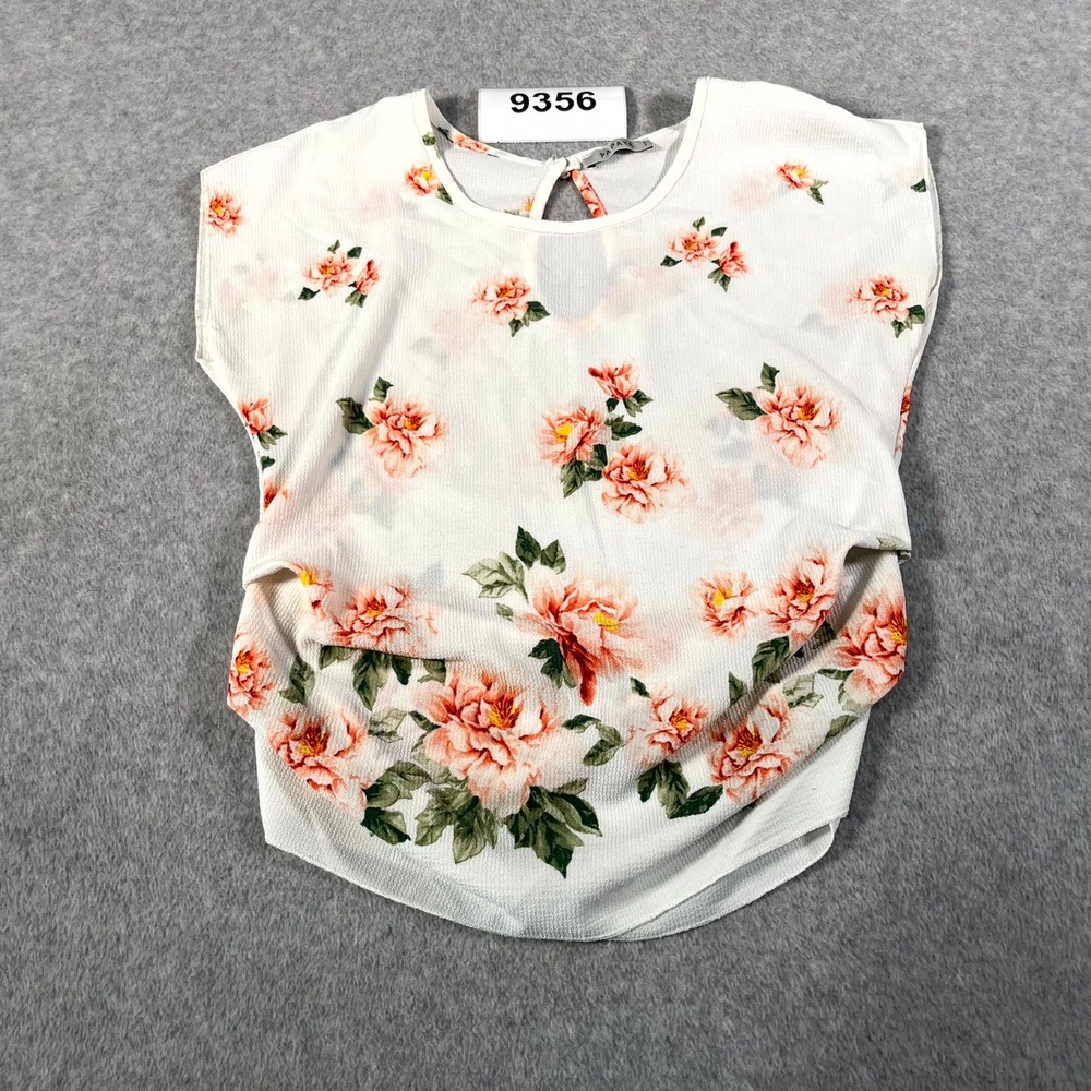 PAPAYA Blouse Top Womens Small White Floral‎ Keyhole Back Scrunch Sides Summer